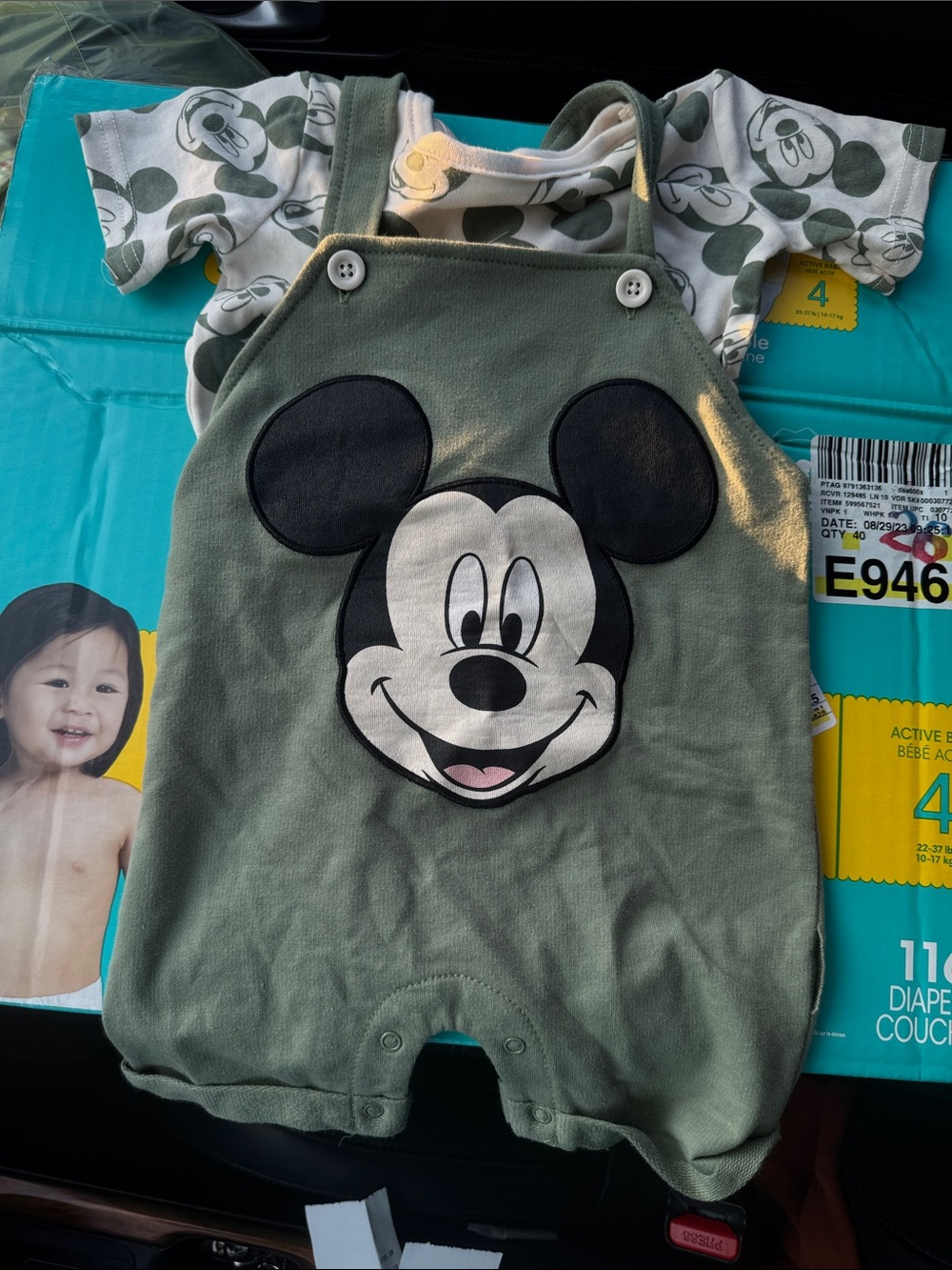 Disney Olive Green Mickey Mouse Shortall Set